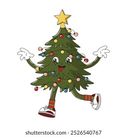 Christmas tree with multicolored lights and garland. Retro groovy Christmas character or mascot, 70s 80s vibe. Vector illustration isolated on transparent background, editable stroke. 