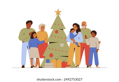 Christmas tree and multiracial family. Several generations: grandparents, adult son with his wife, grandchildren celebrate winter holiday near decorated xmas fir. Vector illustration