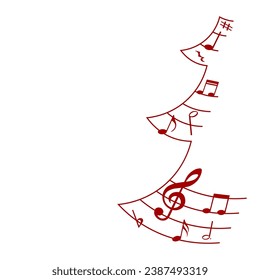 Christmas tree with music notes, festive winter musical silhouette, vector illustration.