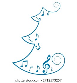 Christmas tree with music notes, festive winter musical silhouette, vector illustration.