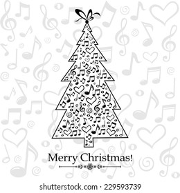 Christmas tree with musical notes. Vector Illustration 