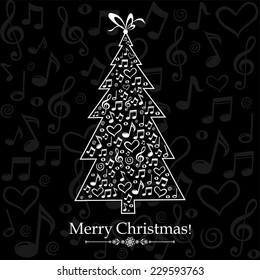 Christmas tree with musical notes. Vector Illustration 