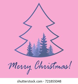 Christmas tree . Mysterious snow-covered forest. The charm of the winter nature. Vector. Eps 10. Postcards. Festive background.
