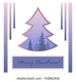 Christmas tree . Mysterious snow-covered forest. The charm of the winter nature. Vector. Eps 10. Postcards. Festive background.
