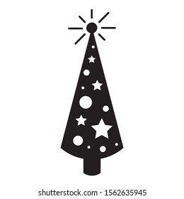 Christmas Tree with naif simple and flat black and white design for winter holidays decorated with balls, stars and shining top