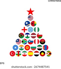 Árvore de Natal. Bandeiras nacionais em forma de círculo. Bandeiras nacionais. Árvore de ano novo