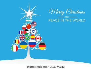 Árbol de Navidad con banderas nacionales, paz mundial sin guerras. Ilustración vectorial, tarjeta de felicitación.