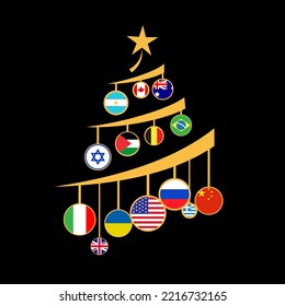 Weihnachtsbaum mit nationalen Flaggen, Weltfrieden ohne Kriege. Vektorgrafik, Grußkarte.