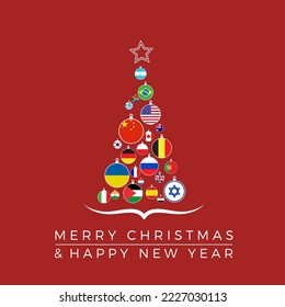 Christmas tree with national flags, world peace without wars. Vector illustration, greeting card.