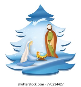 Christmas tree nativity scene with holy family - Jesus, Mary, Joseph on elegant blue background