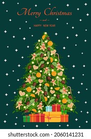 Christmas tree with natural toys from a gingerbread man, gingerbread, dry orange, garlands with gifts. Vector illustration for Christmas card, banner, poster