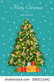Christmas tree with natural toys from a gingerbread man, gingerbread, dry orange, garlands with gifts. Vector illustration for Christmas card, banner, poster.