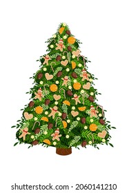 Christmas tree with natural toys made of gingerbread man, gingerbread, dry orange and a garland. Vector illustration for Christmas card, banner, poster