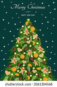 Christmas tree with natural toys made of gingerbread man, gingerbread, dry orange and a garland. Vector illustration for Christmas card, banner, poster.