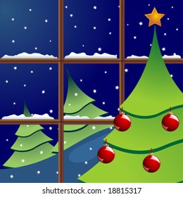 Christmas tree near a window and snowing outside