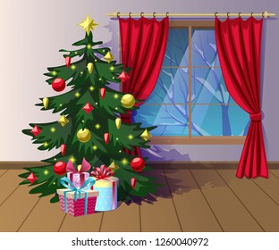 Christmas tree near the winter window, decorated with lights, balls, star. Bright gift boxes. Red curtains. Festive interior.  Winter holidays. Vector illustration.