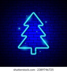 Christmas tree neon blue icon on brick wall background vector illustration