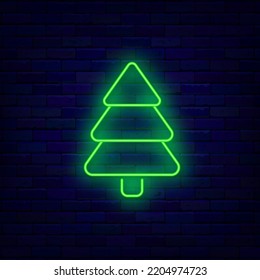 Christmas tree neon icon. Merry Christmas design. Happy new year decoration. Season winter holiday. Shiny signboard on brick wall. Editable stroke. Vector stock illustration