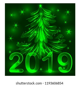 Christmas tree. Neon lights swirl. Decoration glowing line for xmas card, banner