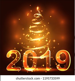 Christmas tree. Neon lights swirl. Decoration glowing line for xmas card, banner