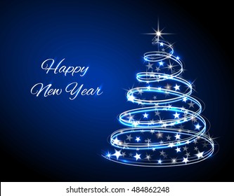 Christmas tree. Neon lights swirl. Decoration glowing line for xmas card, banner. Vector illustration
