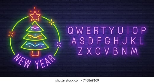 Christmas tree neon sign, bright signboard, light banner. New Year logo, emblem and label. Neon sign creator. Neon text edit