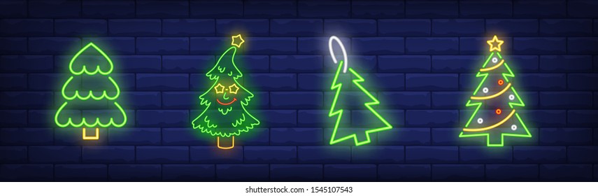Christmas tree neon sign collection. New Year, Christmas, garland. Night bright advertisement. Vector illustration in neon style for banner, billboard