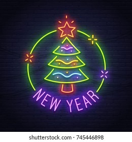 Christmas Tree Neon Sign. Neon Sign. New Year Banner, Logo, Emblem And Label. Bright Signboard, Light Banner. 