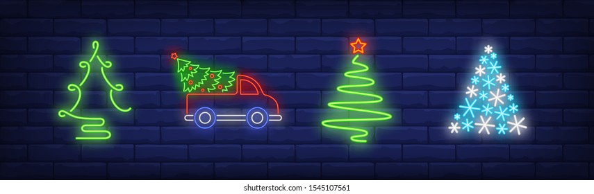 Christmas tree neon sign set. New Year, Christmas, garland. Night bright advertisement. Vector illustration in neon style for banner, billboard
