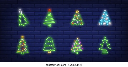 Christmas tree neon sign set. Decorated fir tree, tag, snowflake, silhouette, spiral. Vector illustration in neon style, bright banner for topics like Xmas, New Year, decoration