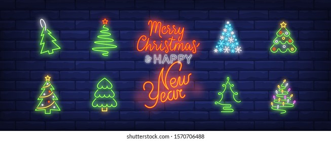 Christmas tree neon sign set. Decorated fir tree, tag, snowflake, silhouette, spiral. Vector illustration in neon style, bright banner for topics like Xmas, New Year, decoration
