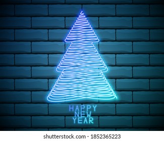 Christmas Tree Neon Sign. Vector Illustration of Winter Holiday Promotion.Isolated on brick wall background