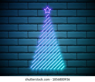 Signo de neón del árbol de Navidad. Ilustración vectorial de la promoción de vacaciones de invierno.Aislada en el fondo de pared de ladrillo