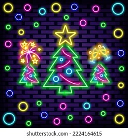 Christmas Tree Neon signboards. Bright signboard. Neon text. Bright colored vector. Vector Illustration