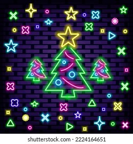 Christmas Tree Neon signboards. On brick wall background. Light art. Modern trend design. Vector Illustration