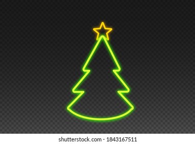 Christmas Tree With Neon Style Isolated  On Png Or Transparent  Background, Space For Text, Sale Banner Template , New Year, Birthdays,  Luxury Card, Vector 