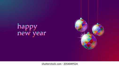 Christmas tree neon vivid decoration low poly. Modern digital art template greeting card. Vibrant light background. Glowing sparkling 3D render sphere Happy New Year banner vector illustration