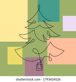 Christmas tree, New Year 2021. Year of the bull. Drawing one line art,
in continuous line drawing style Vector illustration isolated on white background.