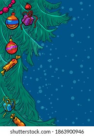 Christmas tree. New year background. Pop art retro illustration 50s 60s kitsch vintage style