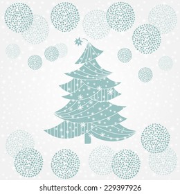 Christmas tree. Christmas and New Year background. Holiday card template. Blue winter background.