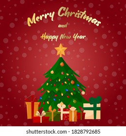 
Christmas tree with New Year decorations. Various boxes with gifts. Vector illustration. For cards, flyers and backgrounds