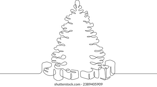 Christmas tree. Christmas. New Year. Christmas tree with gifts under it. One continuous line drawing. Linear. Hand drawn, white background. One line.