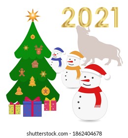 Christmas tree for New Year holiday and snowmen, vector illustration