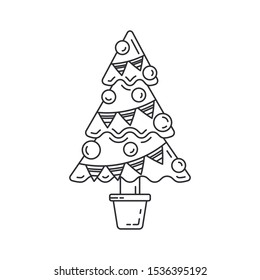 Christmas tree, New Year line icon. Holiday Xmas winter trendy decoration background. Festive logo. Holidays event, carnival party element icon. Vector linear design. Illustration vintage object.