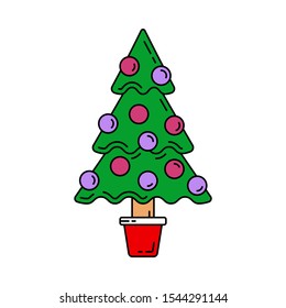 Christmas tree, New Year line icon. Holiday winter trendy decoration background. Party celebration, holidays event, carnival party element icon. Vector color design. Illustration vintage object.