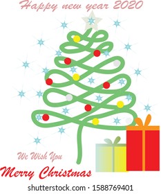 Christmas tree and New Year on white background, Merry Christmas card, Vector Illustration.
