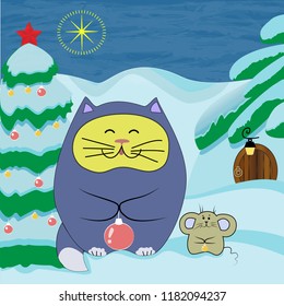 Christmas tree, New Year, One cat and one mouse decorate Xmas tree, Chrismas tree decorations, Night, winter, snow, Star of Bethlehem