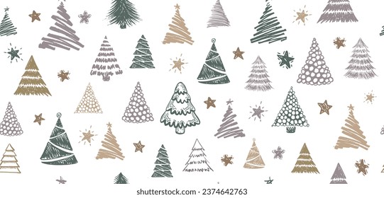 Weihnachtsbaum, Silvester Set, handgezeichnete Illustrationen. Vektorgrafik.	
