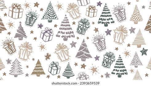 Christmas tree, New Year set, hand drawn illustrations. Vector.	
