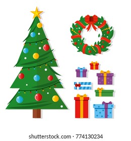 Christmas tree. New Year and Christmas Set. Vector Illustration. Decoration Christmas